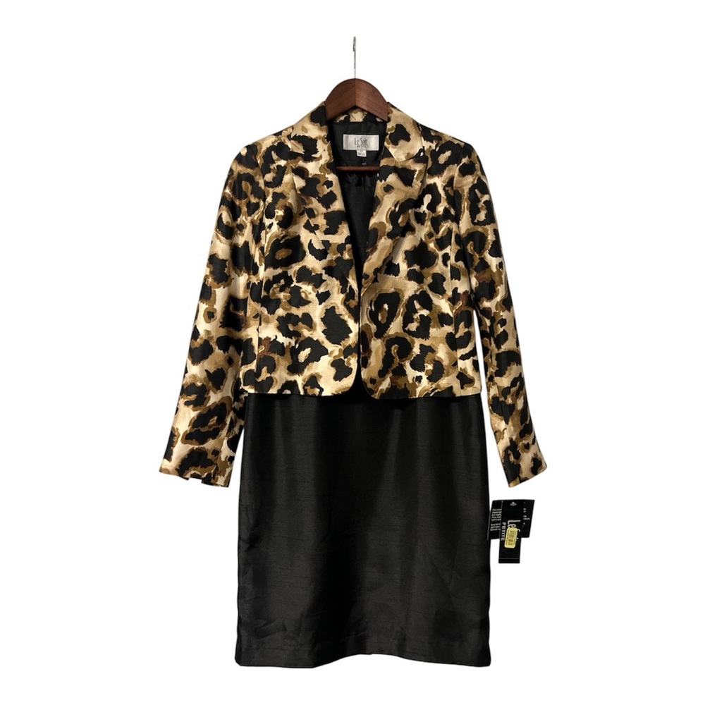 NWT Le Suit Black Dress Cheetah Print Jacket 4 Petite Mobwife Classic